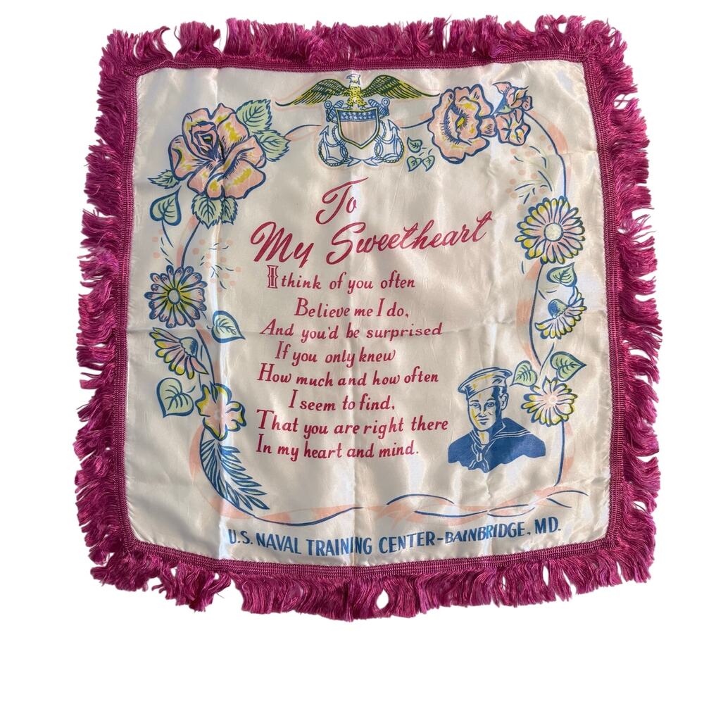 Vintage WWII Sweetheart Pillow Cover U.S. Naval Training Center Bainbridge 19x19